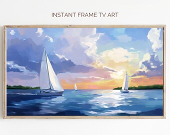 Summer Sunset Sailboat Frame TV Art: Coastal Seascape (Digital Download 3840x2160px JPG File)