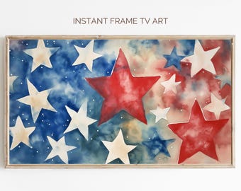 Patriotic Stars Watercolor Frame TV Art: 4th of July Decor (Digital Download 3840x2160 pixels)