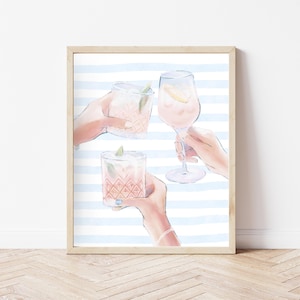 Impresión de "Salud", arte de pared azul claro, impresión de arte de bar moderno, impresión de pared de cócteles estéticos, impresión de pared de carrito de bar, póster de cócteles "Salud"