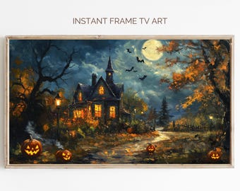 Spooky Halloween Frame TV Art: Haunted House Pumpkin Scene (Digital Download)