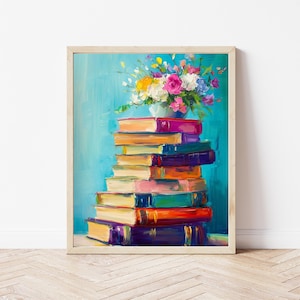 May include: A painting of a stack of colorful books with a vase of flowers on top. The books are arranged in a pyramid shape and the flowers are in a white vase. The background is a light blue color.