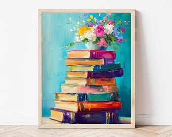 Colorful Book Stack Print: Library Wall Art (Digital Download)