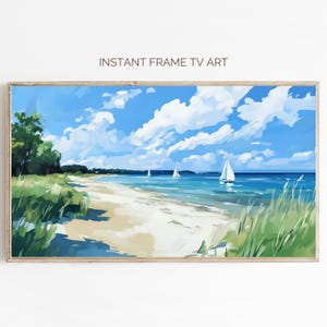 Sailboat Beach Scene Frame TV Art, Coastal Painting Summer TV Art Samsung Frame TV, Nautical Decor, Beach House Digital Download Ocean Art