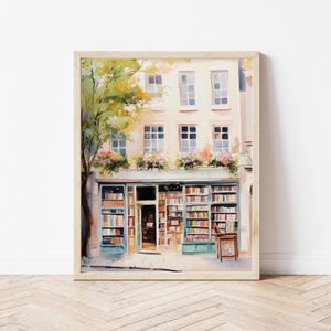 Aquarel boekwinkel print: Parijse boekhandel, gezellige leeshoek (digitale download)