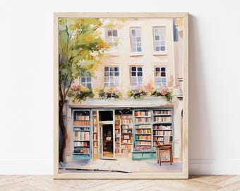 Watercolor Bookshop Print: Parisian Bookstore, Cozy Reading Nook (Digital Download