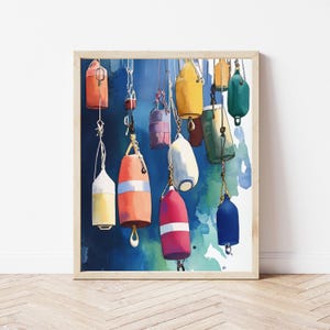 Watercolor Buoys Nautical Wall Art, Coastal Decor, Colorful Lobster Buoys Painting, Lake House Decor, Nautical Prints, Navy Buoy Print