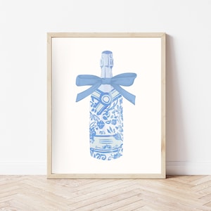 Blue Champagne Poster Art Print, Preppy Coquette Champagne Bottle With Bow Print, Cocktail Printable Art, Blue Bar Cart Art Digital Download