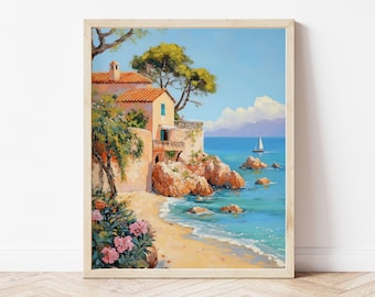 Mediterranean Seaside Villa Art Print: Coastal Landscape (Digital Download)