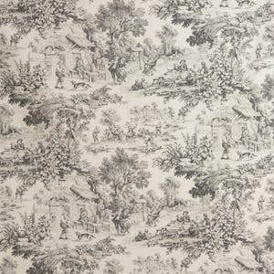 May include: Black and white toile wallpaper pattern featuring a repeating design of a cottage, trees, and people in a rural setting.