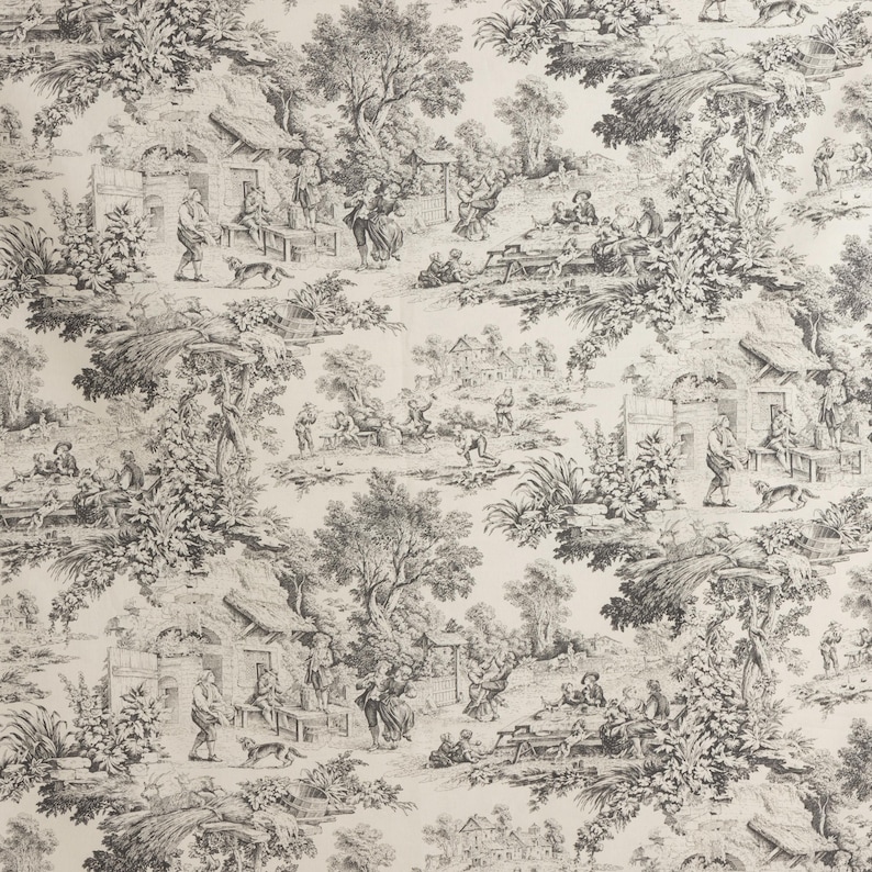 May include: Black and white toile wallpaper pattern featuring a repeating design of a cottage, trees, and people in a rural setting.