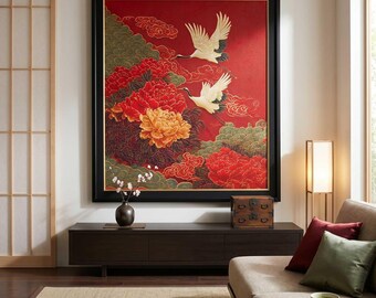 Grote canvasprint 113 x 131 cm - Japanse Oosterse kunst met kraanvogels en rode pioenrozen, Zen wanddecoratie