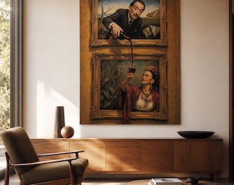 Textielpaneel van Frida Kahlo en Salvador Dalí, trompe-l'oeil schilderij op stof, artistieke wanddecoratie, vintage wanddecoratie 95 x 141 cm