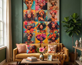 Modern wandtapijt 145 x 180 cm - Collage van Afro-vrouwen in popartstijl, decoratief stoffen paneel, veelkleurig etnisch, digitale print voor aan de muur