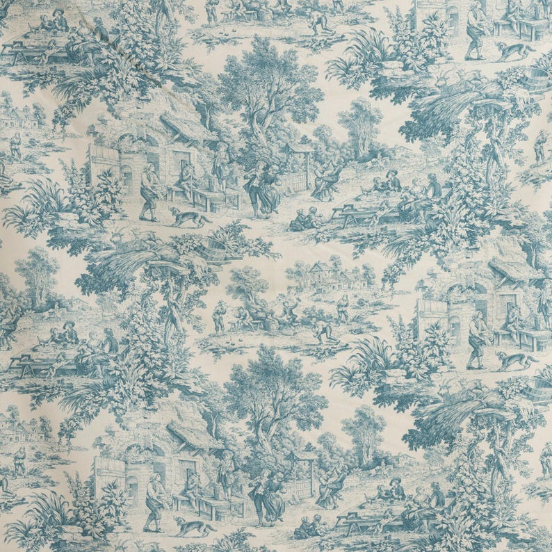 May include: A blue and white toile fabric pattern with a repeating design of a cottage, trees, and people. The pattern is on a white background.