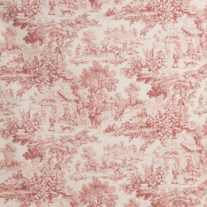 May include: Red and white toile fabric with a repeating pattern of a pastoral scene. The scene features trees, houses, people, and animals. The fabric is perfect for upholstery, curtains, or other home decor projects.