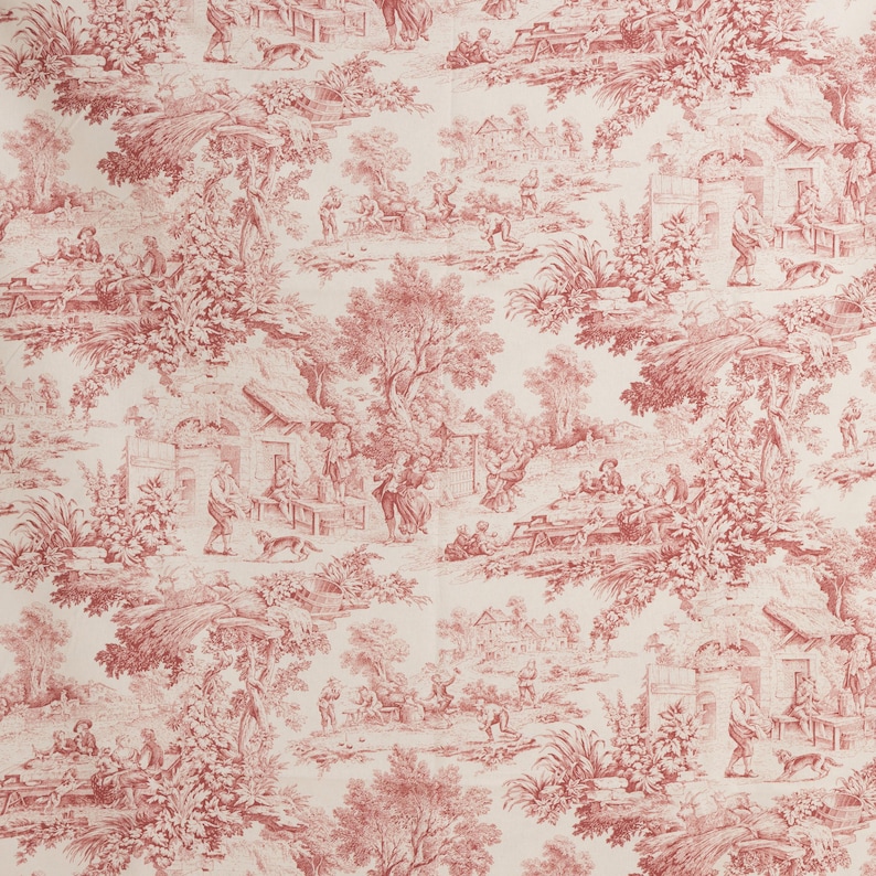 May include: Red and white toile fabric with a repeating pattern of a pastoral scene. The scene features trees, houses, people, and animals. The fabric is perfect for upholstery, curtains, or other home decor projects.