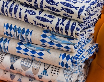 Strandstoffencollectie: Sardines en koraaljacquard
