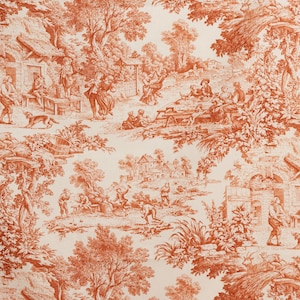 May include: A vintage-style fabric with a repeating pattern of a pastoral scene in shades of orange and white. The scene depicts people, trees, and buildings in a countryside setting.