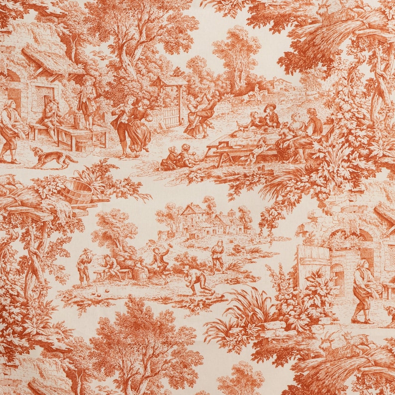 May include: A vintage-style fabric with a repeating pattern of a pastoral scene in shades of orange and white. The scene depicts people, trees, and buildings in a countryside setting.