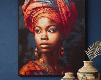 Groot wandtapijt 94 x 130 cm - Portret van een Afrikaanse vrouw met een oranje tulband - Etnische wanddecoratie, boho chic kunst