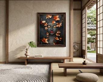 Boeddha op canvas met gouden lotusbloemen - Grote canvasprint 113 x 131 cm, moderne zen-wanddecoratie, woondecoratie