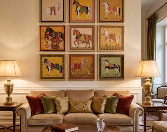 9 Etnische Paarden Verduisterend Canvas Paneel 135 x 135 cm, Mughal Digitale Printstof, Indiaas Paardencollage Wandtapijt Paneel Vintage Stof