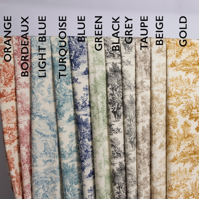 May include: A fabric swatch sample book with 10 different colors: orange, bordeaux, light blue, turquoise, blue, green, black, grey, taupe, beige, and gold. Each swatch features a toile pattern with a white background and a black design.