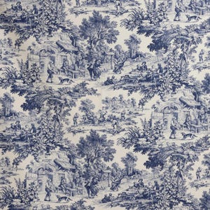 May include: A blue and white toile fabric with a repeating pattern of people, trees, and houses. The fabric has a vintage look and would be perfect for upholstery or curtains.