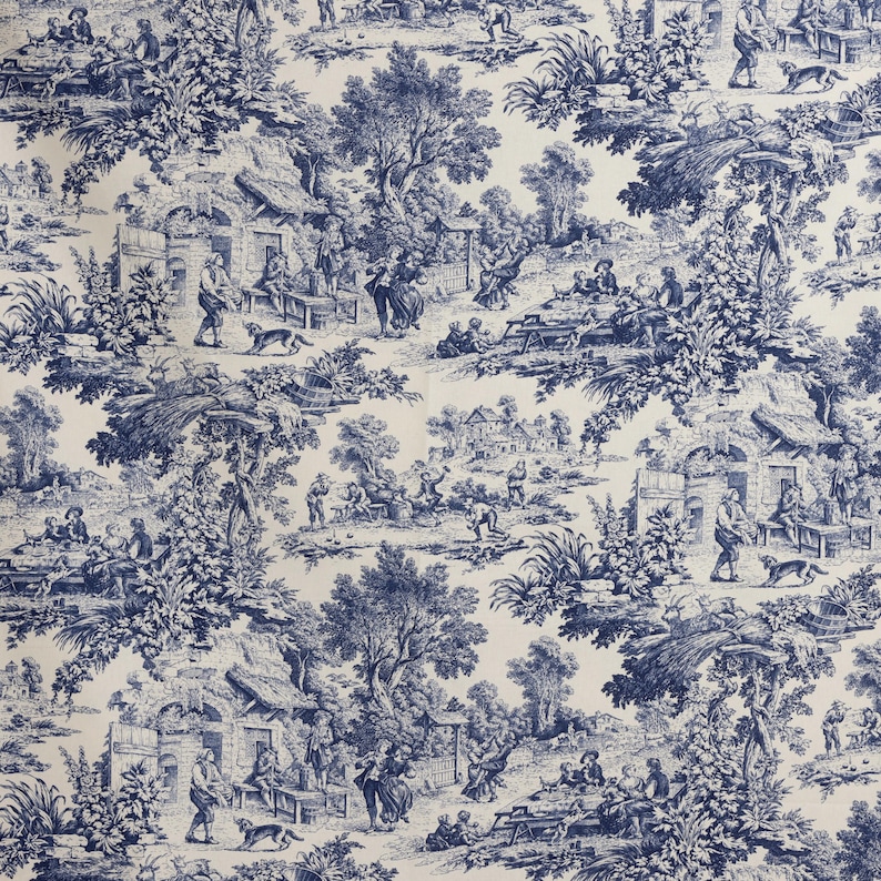 May include: A blue and white toile fabric with a repeating pattern of people, trees, and houses. The fabric has a vintage look and would be perfect for upholstery or curtains.