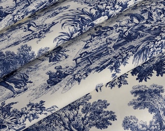 May include: Blue and white toile fabric with a repeating pattern of people, trees, and houses. The fabric is folded in thirds, showing the pattern from different angles.
