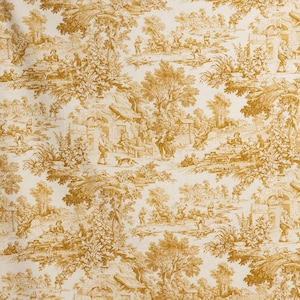 May include: A white fabric with a repeating pattern of a yellow toile design. The design features a pastoral scene with trees, houses, and figures.