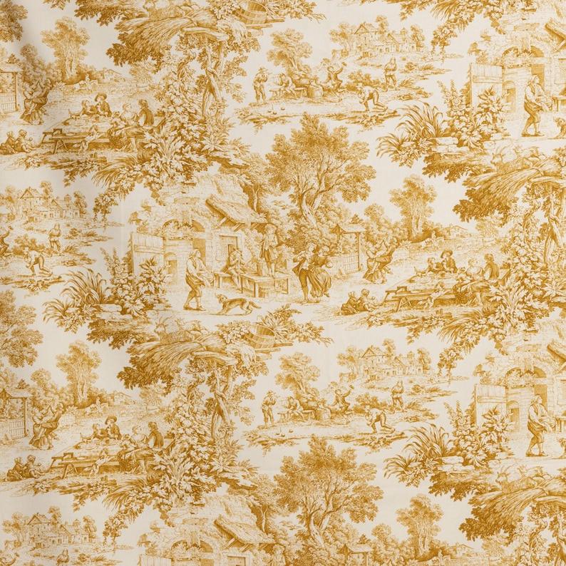 May include: A white fabric with a repeating pattern of a yellow toile design. The design features a pastoral scene with trees, houses, and figures.
