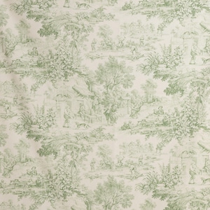 May include: A green and white toile fabric with a repeating pattern of a pastoral scene. The scene includes trees, houses, and people.