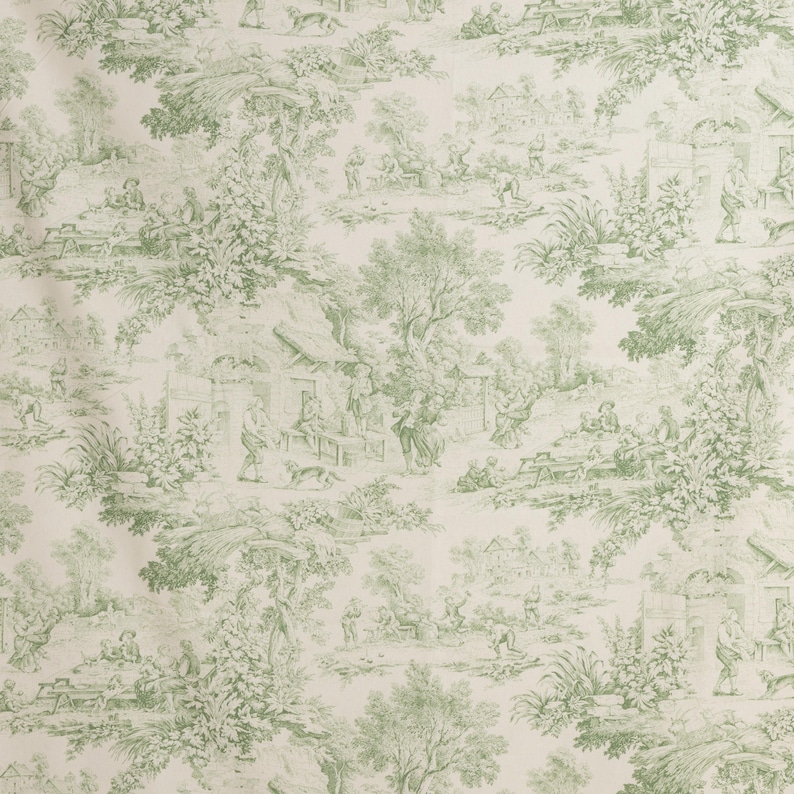 May include: A green and white toile fabric with a repeating pattern of a pastoral scene. The scene includes trees, houses, and people.