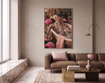 Canvaspaneel met luipaardprint in bad, 123 x 81 cm, verduisterend, maximalistische digitale printstof, wandtapijt met luipaardprint in bad, speelse kunst.