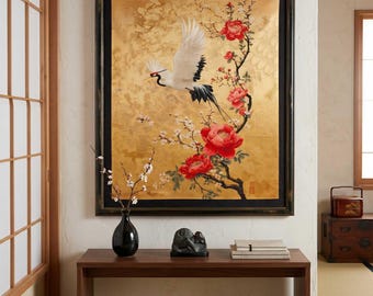 Grote canvasprint - Japanse Oosterse kunst met kraanvogels en pioenrozen, Zen gouden wanddecoratie, modern schilderij 113 x 131 cm
