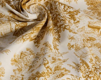 Tela Toile de Jouy - Oro - Ocre - Tapicería - Interior elegante - Estilo histórico francés - Hogar de lujo - Estilo shabby chic - Rococó - Varios cortes