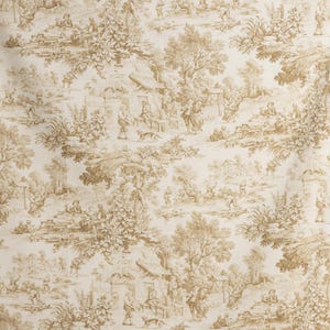 May include: A beige and brown toile fabric with a repeating pattern of people and trees in a pastoral setting. The fabric features a cottage, trees, and people in various activities, such as walking, sitting, and working.