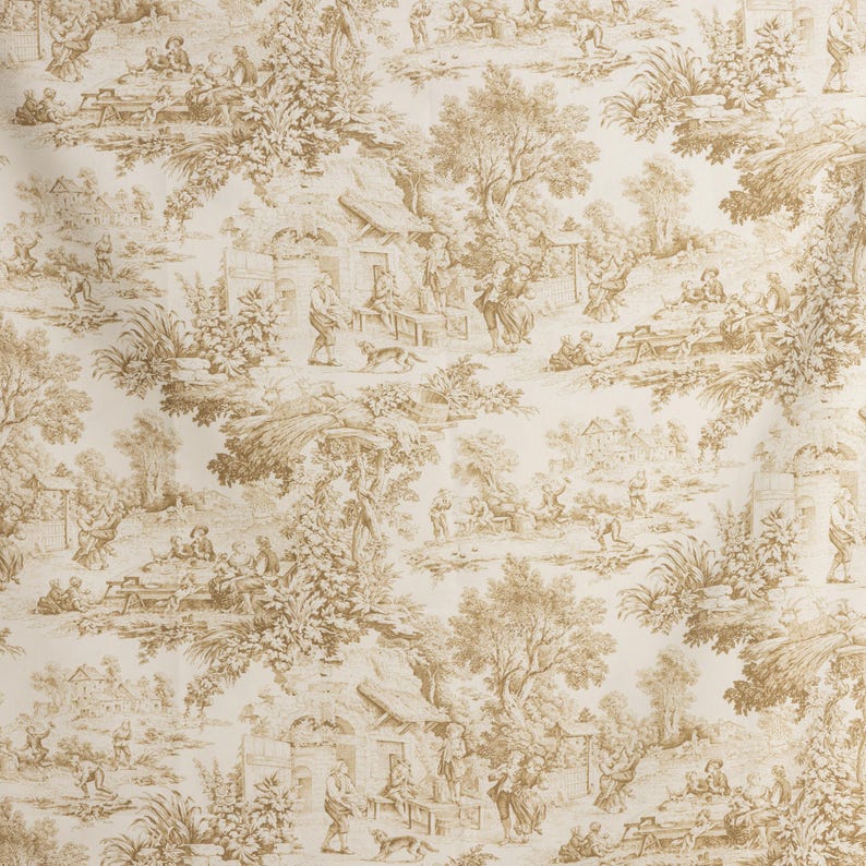 May include: A beige and brown toile fabric with a repeating pattern of people and trees in a pastoral setting. The fabric features a cottage, trees, and people in various activities, such as walking, sitting, and working.