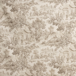 May include: A beige and brown toile fabric with a repeating pattern of a pastoral scene. The scene features people, trees, houses, and animals. The fabric is perfect for upholstery, curtains, or other home decor projects.