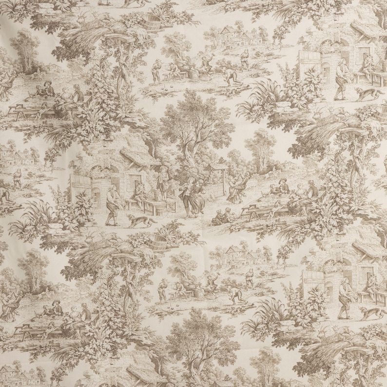 May include: A beige and brown toile fabric with a repeating pattern of a pastoral scene. The scene features people, trees, houses, and animals. The fabric is perfect for upholstery, curtains, or other home decor projects.