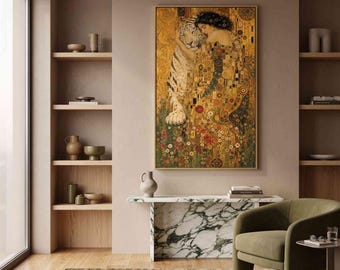 Klimt Tijger Blackout Canvas Paneel 125 x 75 cm, Art Nouveau Digitale Print Stof, Klimt Witte Tijger Wandtapijt Paneel Goudkleurige Stof 125x75