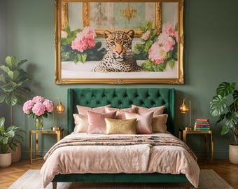 Canvas met luipaard in bad | Grote canvasprint 131 x 113 cm, eclectische moderne wanddecoratie, luxe badkamerdecoratie
