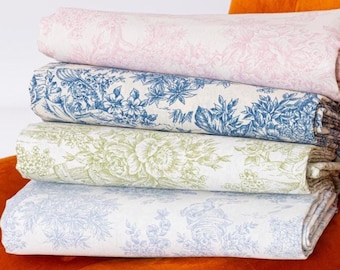 Extra brede Toile de Jouy-stof 280 cm Franse bloemenkatoenmix - Blauw, roze en groen - Meubelstoffen gordijnen naaien - Gemaakt in Italië, op maat