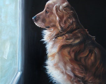 Watching&Waiting, custom Pet Portraits, dog paintings, dog portraits, original oil paintings by puci, 12x12 inches