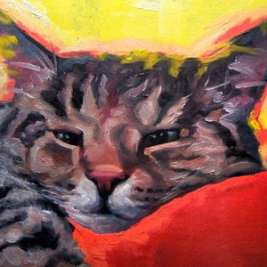 May include: A close-up of a tabby cat's face, painted in oil on canvas. The cat's fur is a mix of brown, black, and white, and its eyes are closed. The cat is lying on a red surface, and the background is a bright yellow.