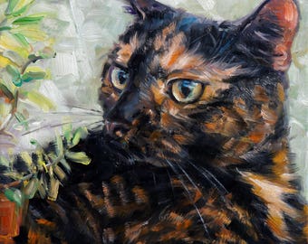 TortoiseShell Kitty, Custom cat portrait cat oil painting by puci, 10x10" - rare cat  catnip garden