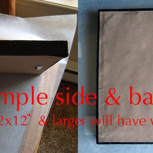 May include: A close-up of the back and side of a framed painting. The back of the frame is brown and has a wire hanger. The side of the frame is black and has a small nail. The text "sample side & back" and "paintings 12x12" & larger will have wire hanger" is printed in red on the frame.