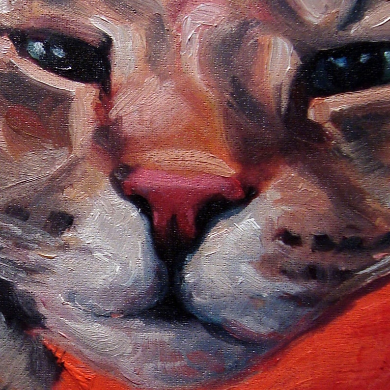 May include: Close-up of a cat's face, painted in oil on canvas. The cat has white fur with orange and brown markings. The cat's eyes are blue and the nose is pink.