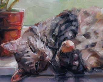 Cozy Cat, custom pet portrait cat oil painting, 10" x 10"